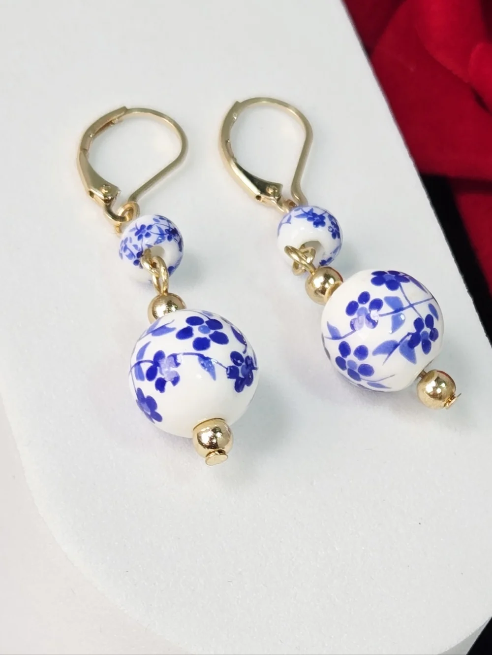 Blue Floral Porcelain Earrings Gold Leverback Dangle Vintage Chinoiserie Refined